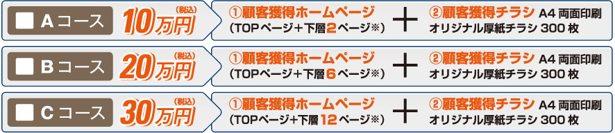 Aコース 10万円（税込）顧客獲得用ホームページ（TOP ページ＋下層2ページ※）+ 顧客獲得チラシ（A4 両面印刷 オリジナルデザインチラシ300枚）、Bコース 20万円（税込）顧客獲得用ホームページ（TOP ページ＋下層6ページ※）+ 顧客獲得チラシ（A4 両面印刷 オリジナルデザインチラシ300枚）、Cコース 30万円（税込）顧客獲得用ホームページ（TOP ページ＋下層12ページ※）+ 顧客獲得チラシ（A4 両面印刷 オリジナルデザインチラシ300枚）